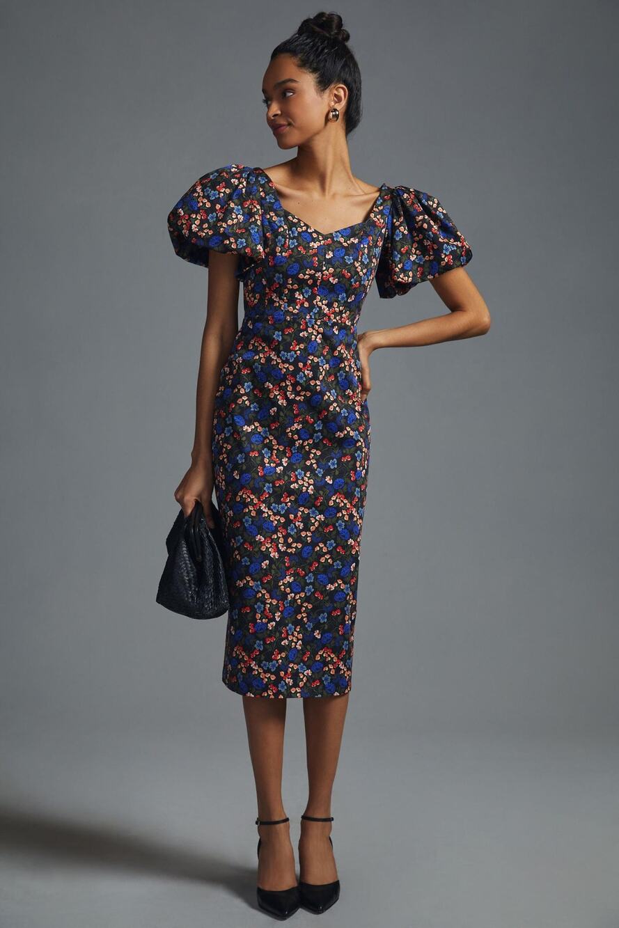 Hunter Bell Womens Collette Sheath Dress Puff Sleeves Floral Black Size 4 NEW